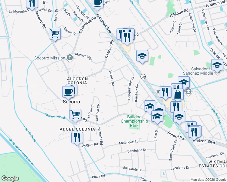 map of restaurants, bars, coffee shops, grocery stores, and more near 10178 Haynes Road in Socorro