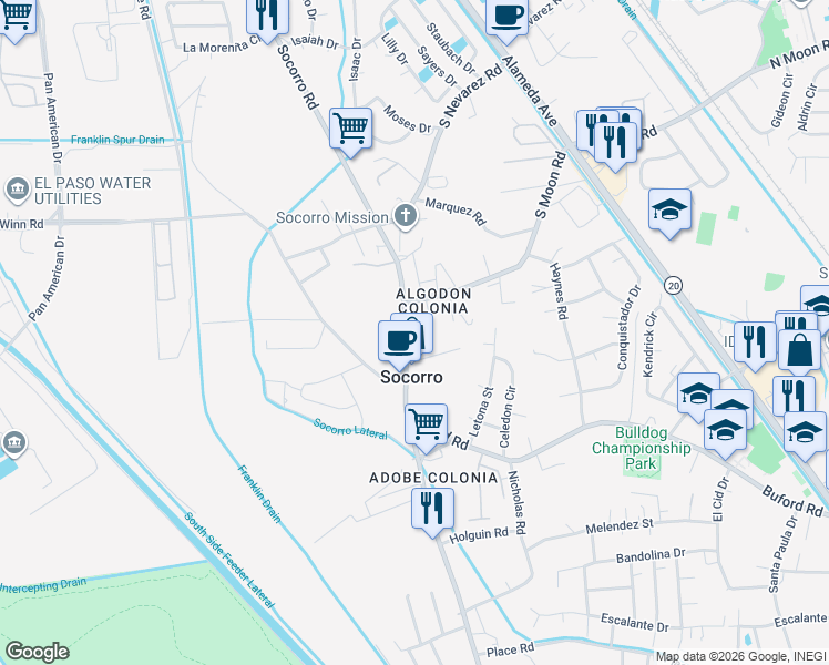 map of restaurants, bars, coffee shops, grocery stores, and more near 10111 Socorro Road in Socorro