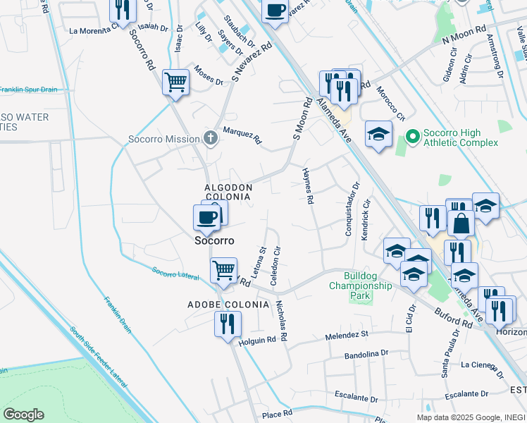 map of restaurants, bars, coffee shops, grocery stores, and more near 10192 Letona Street in Socorro