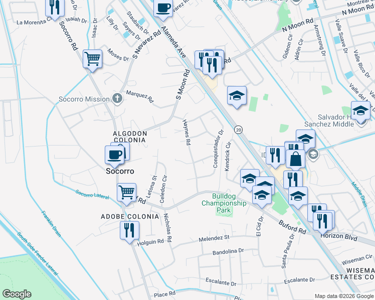 map of restaurants, bars, coffee shops, grocery stores, and more near 10178 Haynes Road in Socorro