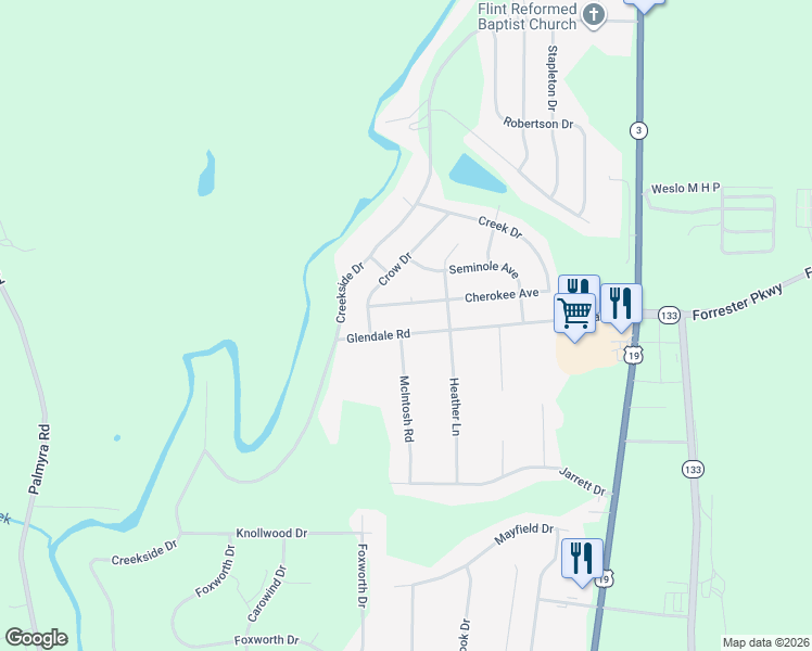 map of restaurants, bars, coffee shops, grocery stores, and more near 203 Glendale Road in Leesburg