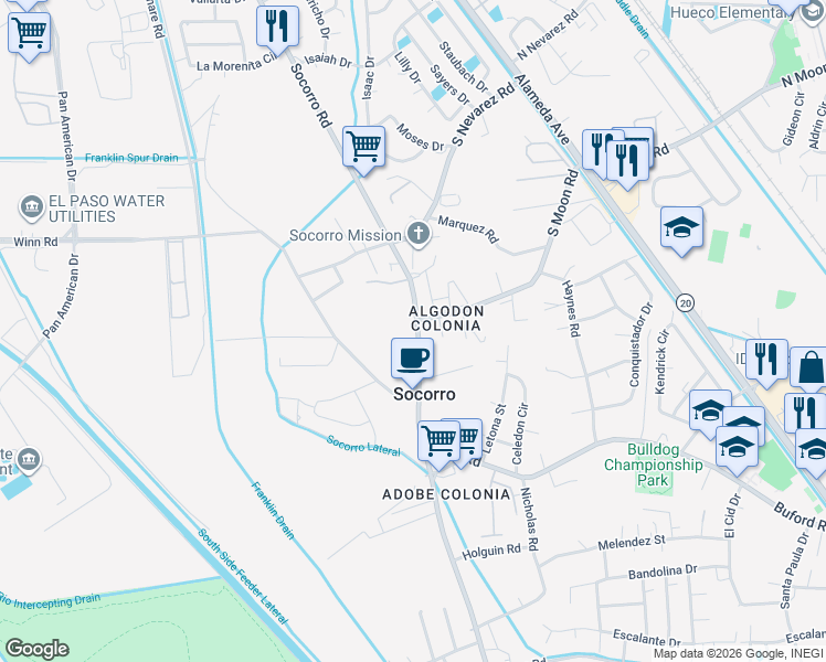 map of restaurants, bars, coffee shops, grocery stores, and more near 10111 Socorro Road in Socorro