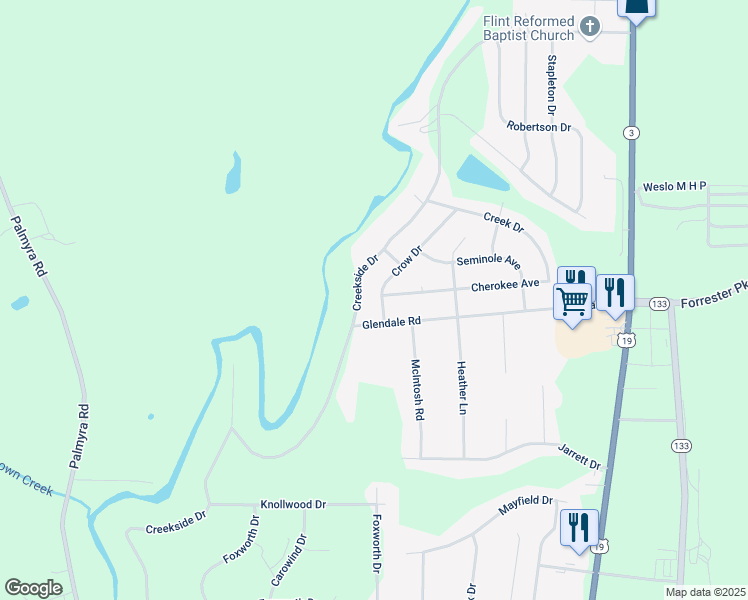 map of restaurants, bars, coffee shops, grocery stores, and more near 327 Creekside Drive in Leesburg