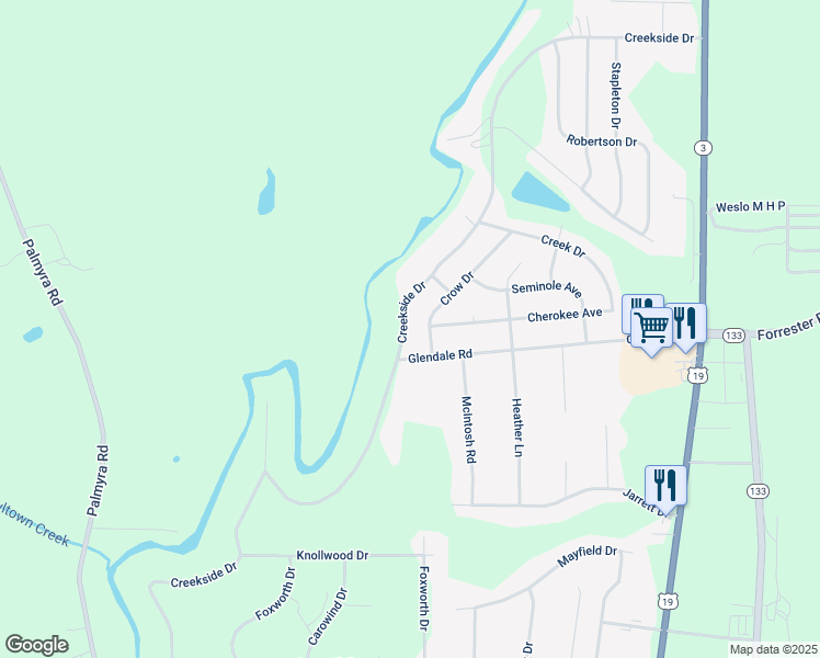 map of restaurants, bars, coffee shops, grocery stores, and more near 327 Creekside Drive in Leesburg