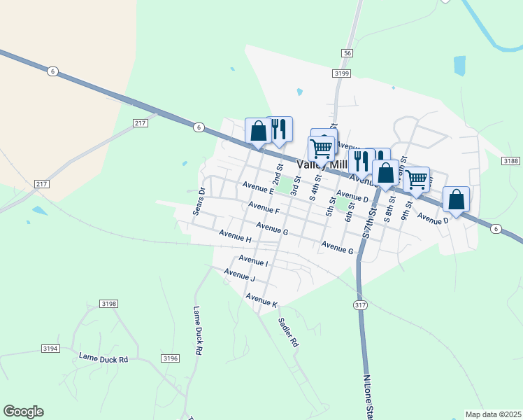 map of restaurants, bars, coffee shops, grocery stores, and more near 506 2nd Street in Valley Mills