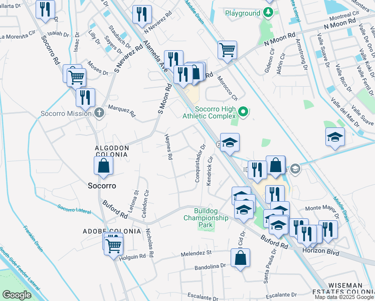 map of restaurants, bars, coffee shops, grocery stores, and more near 111 Lanza Lane in Socorro