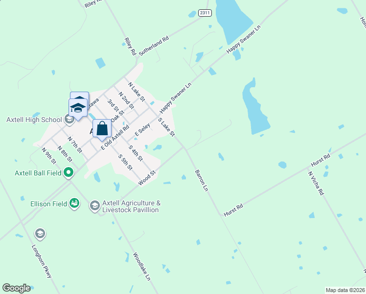 map of restaurants, bars, coffee shops, grocery stores, and more near 599 Wood Street in Axtell