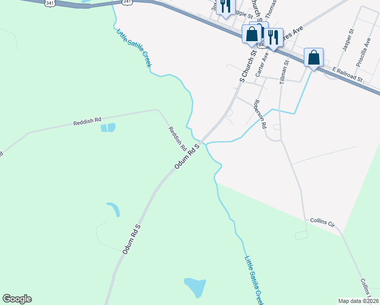 map of restaurants, bars, coffee shops, grocery stores, and more near Odum Road South in Screven