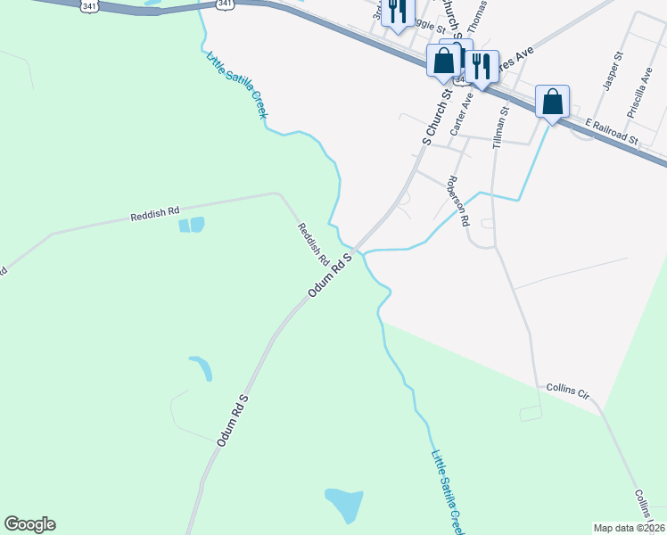 map of restaurants, bars, coffee shops, grocery stores, and more near Odum Road South in Screven