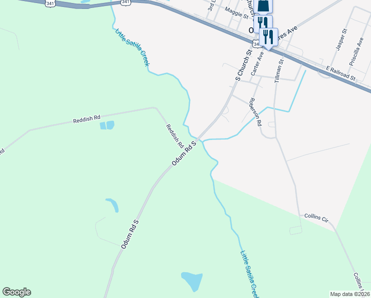 map of restaurants, bars, coffee shops, grocery stores, and more near Odum Road South in Screven