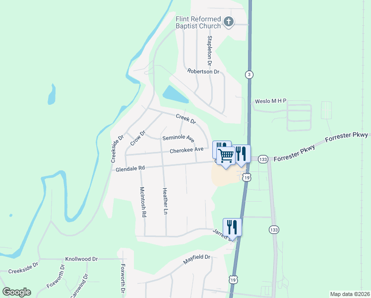 map of restaurants, bars, coffee shops, grocery stores, and more near 124 Cherokee Avenue in Leesburg