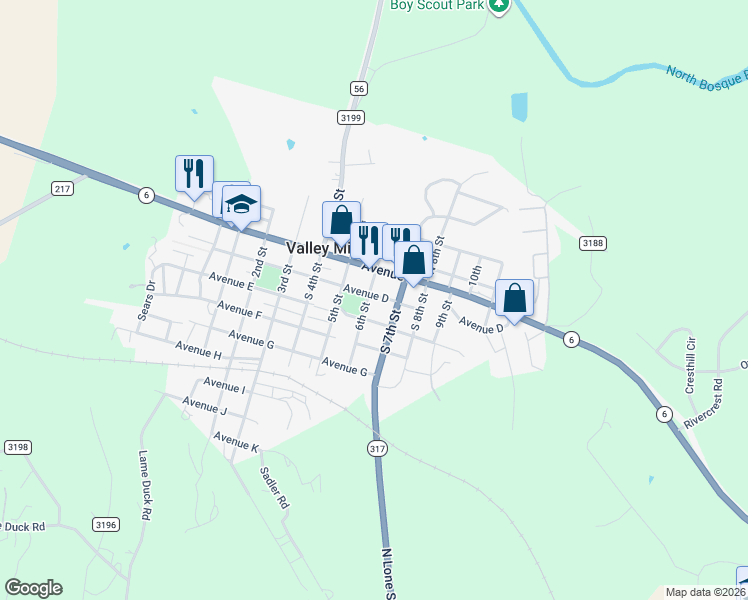 map of restaurants, bars, coffee shops, grocery stores, and more near 401 6th Street in Valley Mills