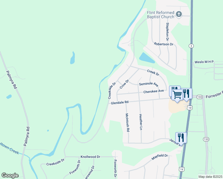 map of restaurants, bars, coffee shops, grocery stores, and more near 327 Creekside Drive in Leesburg