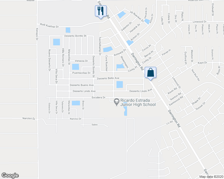 map of restaurants, bars, coffee shops, grocery stores, and more near 14457 Desierto Lindo Avenue in Horizon City