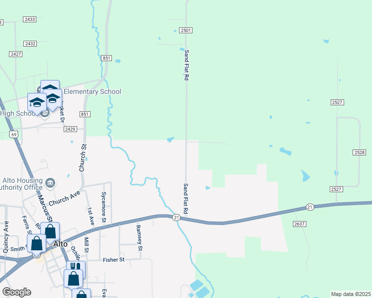 map of restaurants, bars, coffee shops, grocery stores, and more near County Road 2501 in Alto