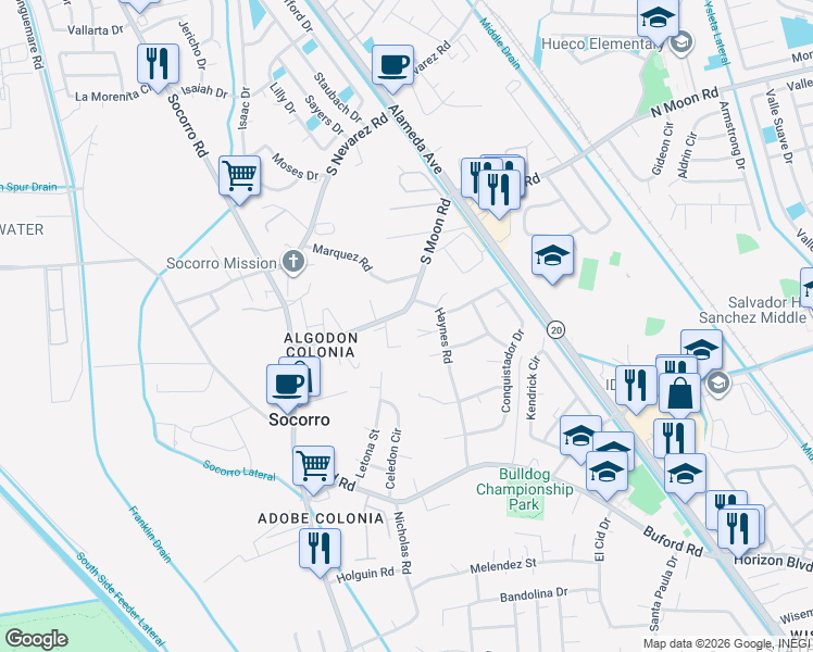 map of restaurants, bars, coffee shops, grocery stores, and more near 216 South Moon Road in Socorro