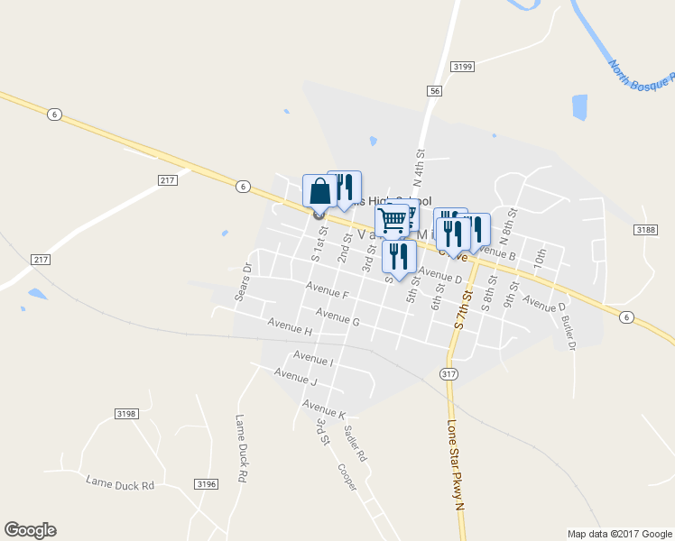 map of restaurants, bars, coffee shops, grocery stores, and more near 506 2nd Street in Valley Mills