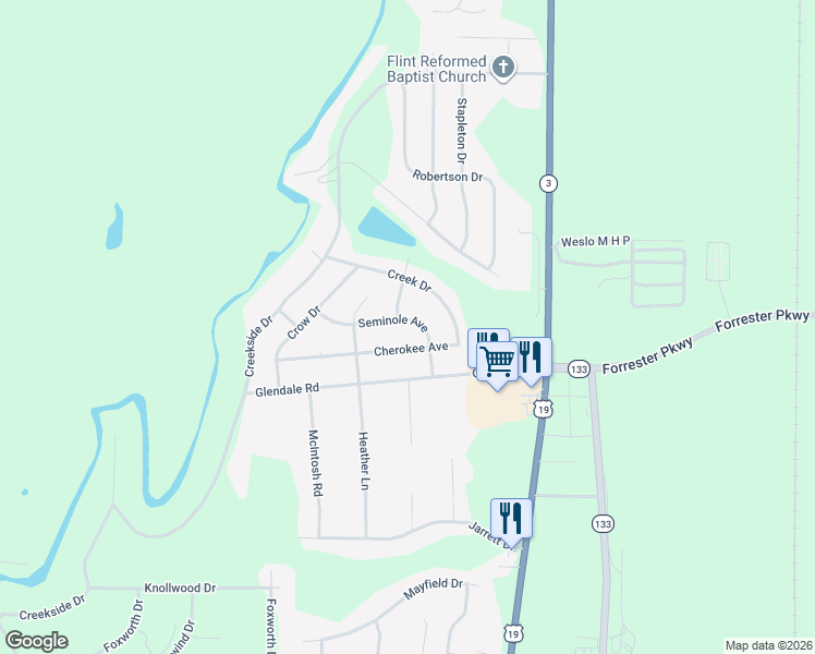 map of restaurants, bars, coffee shops, grocery stores, and more near 124 Cherokee Avenue in Leesburg