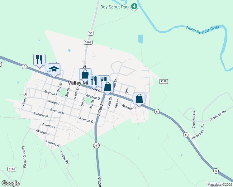 map of restaurants, bars, coffee shops, grocery stores, and more near 808 Avenue E in Valley Mills
