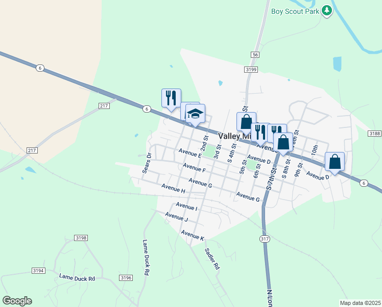 map of restaurants, bars, coffee shops, grocery stores, and more near 506 2nd Street in Valley Mills