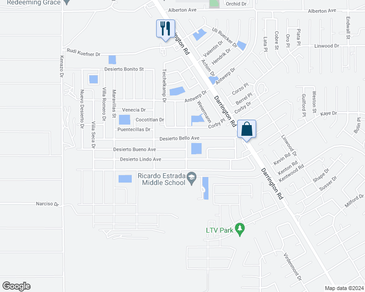 map of restaurants, bars, coffee shops, grocery stores, and more near 14453 Desierto Bueno Avenue in El Paso