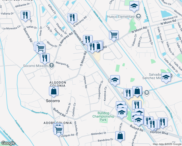 map of restaurants, bars, coffee shops, grocery stores, and more near 131 Escudo Road in Socorro