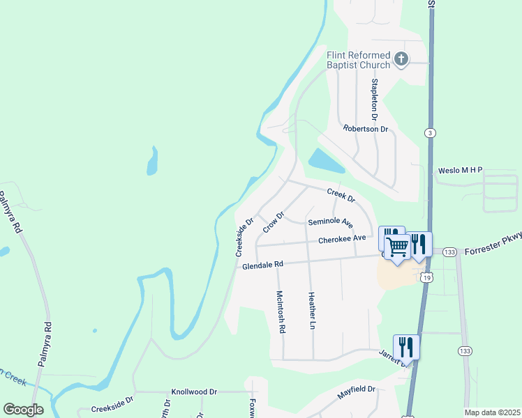 map of restaurants, bars, coffee shops, grocery stores, and more near 303 Creekside Drive in Leesburg