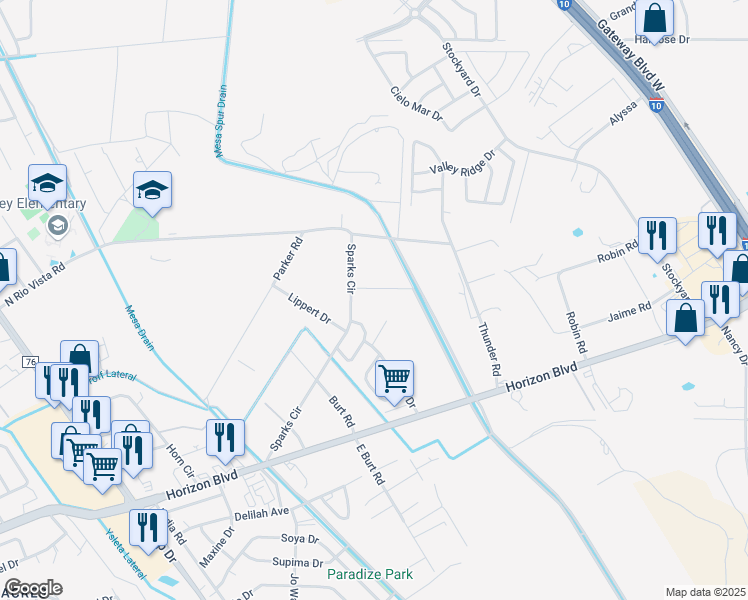 map of restaurants, bars, coffee shops, grocery stores, and more near 1020 Spur Place in Socorro