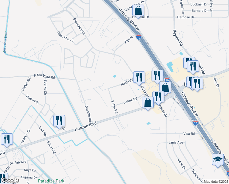 map of restaurants, bars, coffee shops, grocery stores, and more near 1024 Robin Road in Socorro