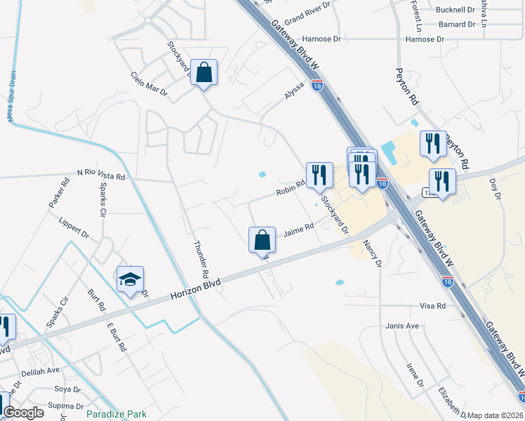 map of restaurants, bars, coffee shops, grocery stores, and more near 1024 Robin Road in Socorro