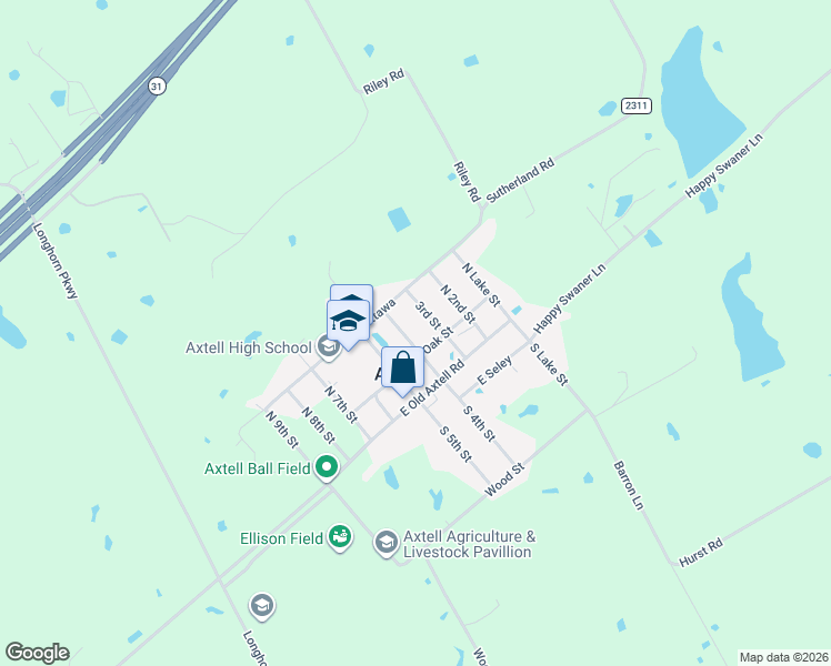 map of restaurants, bars, coffee shops, grocery stores, and more near 148 North 4th Street in Axtell