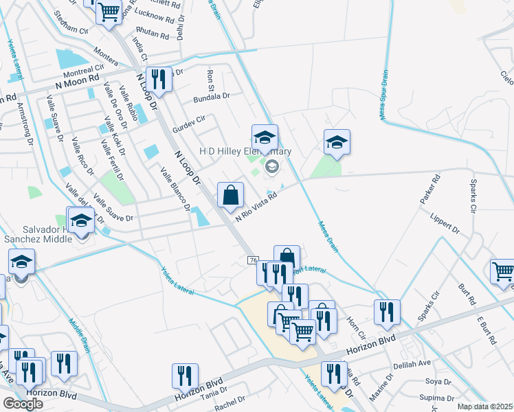 map of restaurants, bars, coffee shops, grocery stores, and more near 693 North Rio Vista Road in El Paso