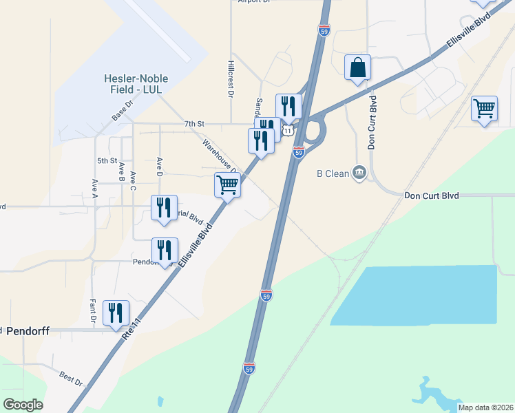 map of restaurants, bars, coffee shops, grocery stores, and more near Interstate 59 in Laurel