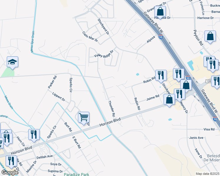 map of restaurants, bars, coffee shops, grocery stores, and more near 10817 Thunder Road in Socorro