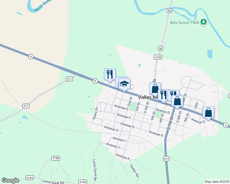 map of restaurants, bars, coffee shops, grocery stores, and more near 207 Avenue C in Valley Mills