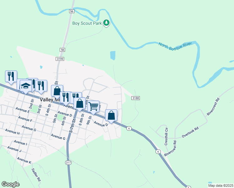 map of restaurants, bars, coffee shops, grocery stores, and more near 25 Clear Creek in Valley Mills
