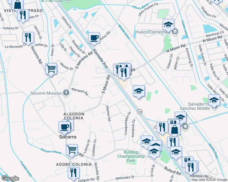 map of restaurants, bars, coffee shops, grocery stores, and more near 10064 Alameda Avenue in Socorro