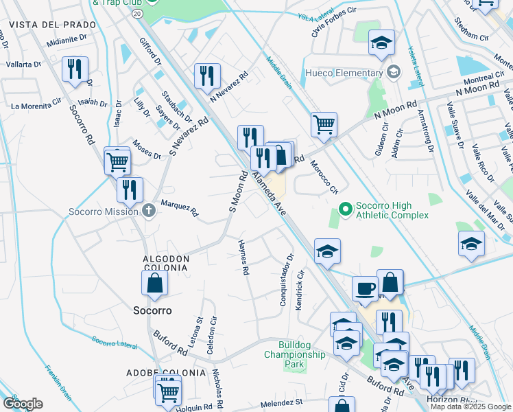 map of restaurants, bars, coffee shops, grocery stores, and more near 10064 Alameda Avenue in Socorro