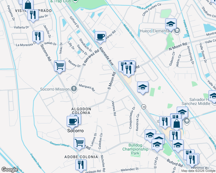 map of restaurants, bars, coffee shops, grocery stores, and more near 171 South Moon Road in Socorro