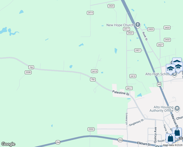 map of restaurants, bars, coffee shops, grocery stores, and more near 125 County Road 2415 in Alto