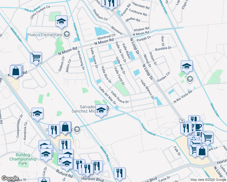 map of restaurants, bars, coffee shops, grocery stores, and more near 10420 Valle Rico Drive in Socorro