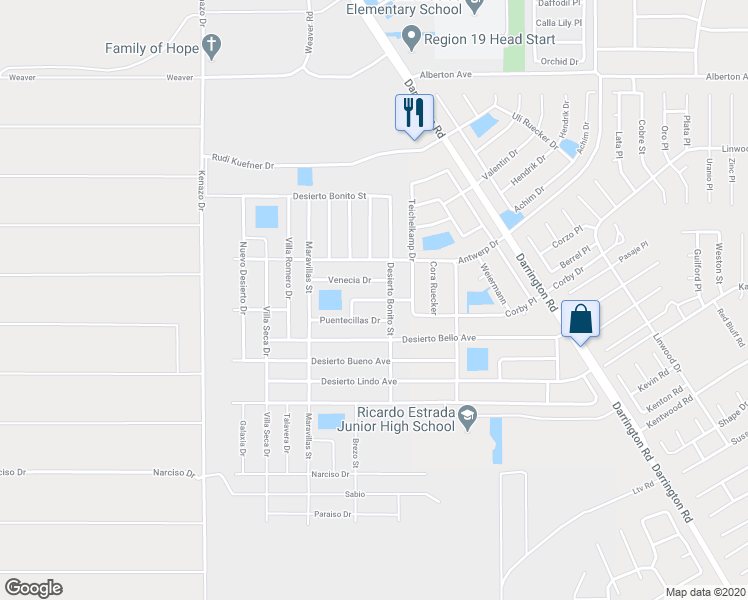 map of restaurants, bars, coffee shops, grocery stores, and more near 14357 Cocotitlan Drive in Horizon City