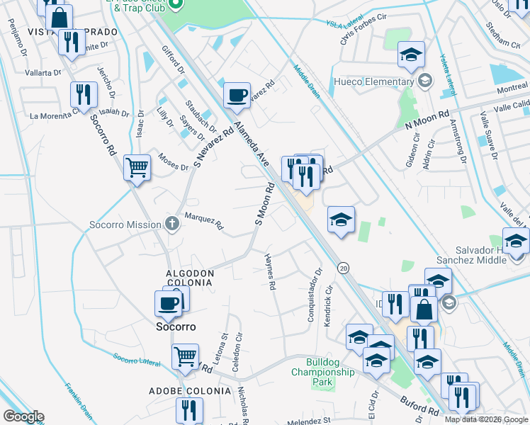 map of restaurants, bars, coffee shops, grocery stores, and more near 10064 Alameda Avenue in Socorro