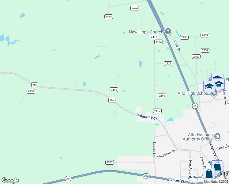 map of restaurants, bars, coffee shops, grocery stores, and more near 125 County Road 2415 in Alto