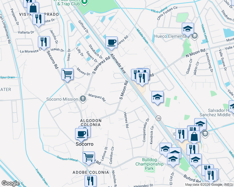 map of restaurants, bars, coffee shops, grocery stores, and more near 171 South Moon Road in Socorro