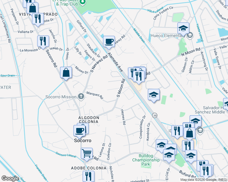 map of restaurants, bars, coffee shops, grocery stores, and more near 171 South Moon Road in Socorro