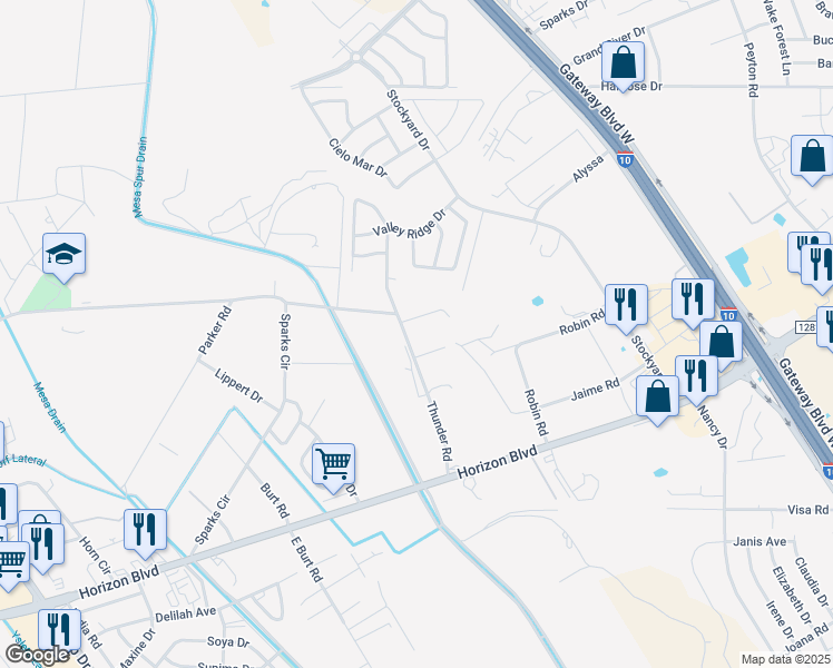 map of restaurants, bars, coffee shops, grocery stores, and more near 10817 Thunder Road in Socorro