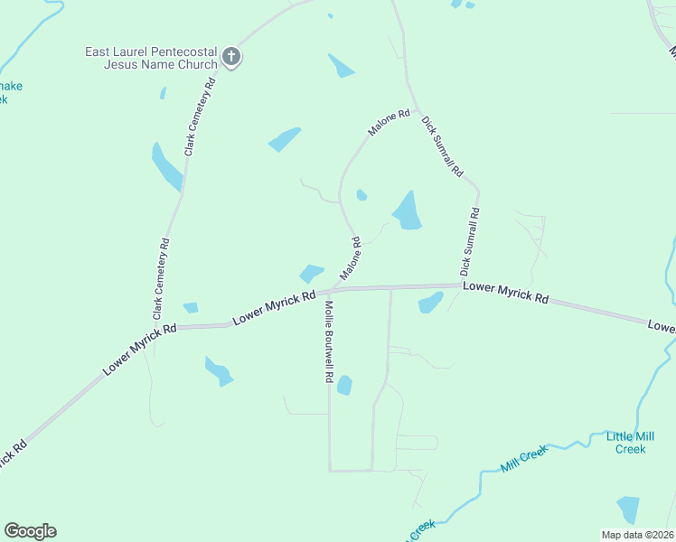 map of restaurants, bars, coffee shops, grocery stores, and more near Malone Road in Laurel