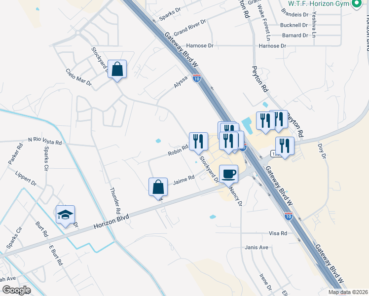 map of restaurants, bars, coffee shops, grocery stores, and more near 1024 Robin Road in Socorro