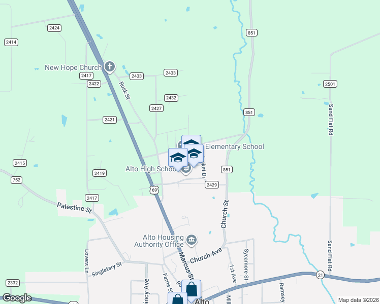map of restaurants, bars, coffee shops, grocery stores, and more near 208 County Road 2429 in Alto